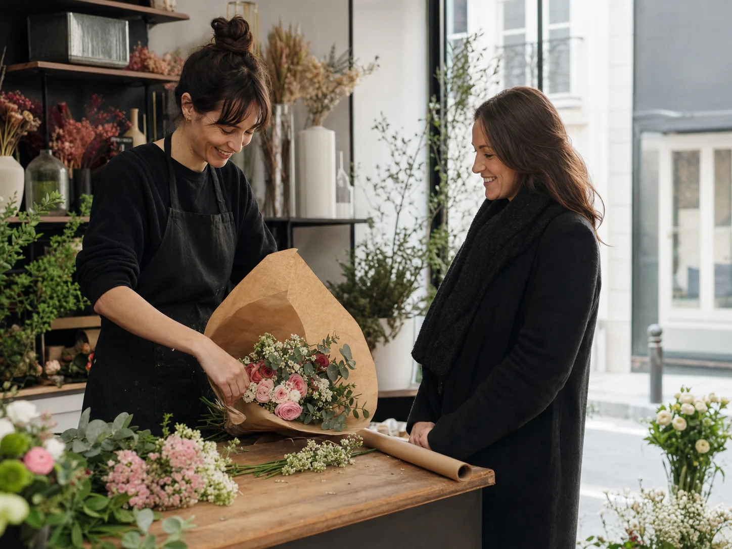 Une fleuriste prépare un bouquet avec une cliente